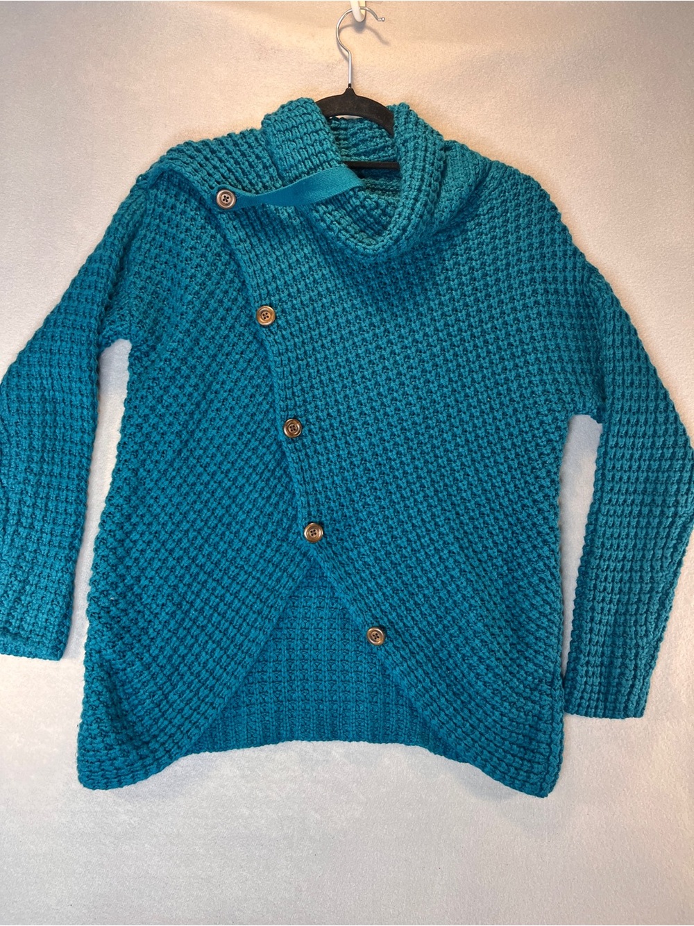 Teal Chunky Knit Sweater Long Sleeve Asymmetric Knit Pullover Cowl Neck Medium